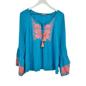 Lilly Pulitzer Amisa Bell Sleeve Embroidered Top Blue Orange Size Small